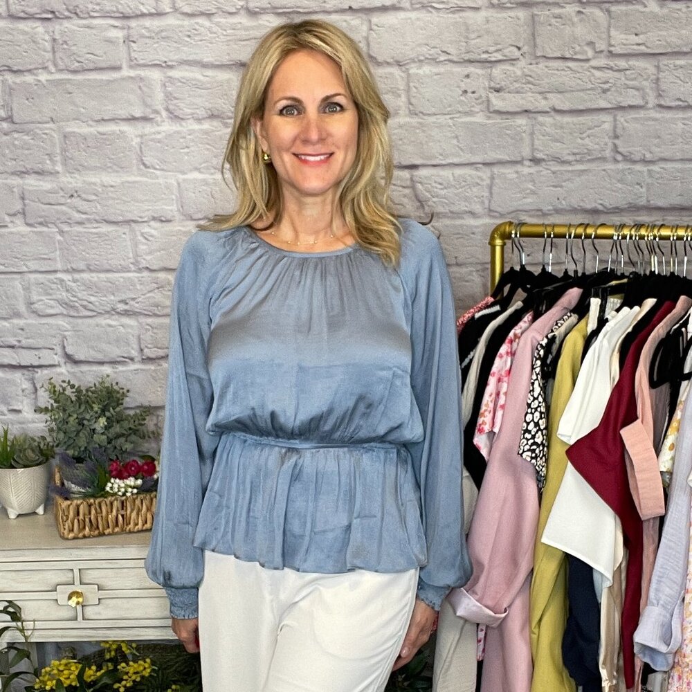 Hem & Thread Dusty Blue Satin Blouse